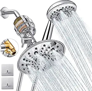 Dual Filtered Shower Head Showerhead 79" Hose Handheld Sprayer Combo, Filtration Rain Rainfall, 20 Stage Water Filter for Chlorine Well Hair Dry Skin, Metal Diverter, Chrome, (DSFC04, round, 8")