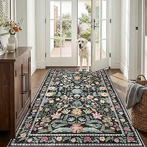 4x7 Rug Entryway Washable: Non Slip Floral Area Rugs for Kitchen - 0.13inch Slim Low Pile Easy Clean Carpets - Vintage Home Decor Runner 4x7 Black