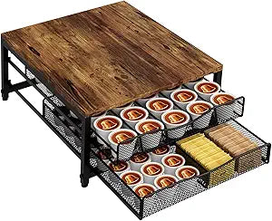 VyGrow Coffee Pod Holder For Counter, Wooden K Cup Holder with Double Layer Sliding Drawer, Large Capacity Coffee Pod Storage for Coffee Station, Home, Office, Kitchen