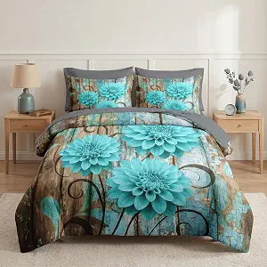 Nesker Comforter Set Queen Size, Teal Farmhouse Dahlia 7 Pcs Bedding for Kids and Adults, Rustic Flower Abstract Leaves Bed Sheet Sets with Fitted Sheet 2 Pillowcases & 2 Shams