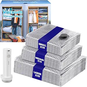 30 Pack Vacuum Storage Bags with Rechargeable Wireless Pump,10 Large 10 Medium 10 Small Space Saver for Travel Home Seasonal Storage Compression Packing Bags for Clothing Blankets