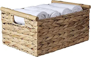 Large Rectangular Wicker Basket With Built-in Wooden Handles, Water Hyacinth Woven Basket for Organizing, Utility Shelves, Towel Storage Basket