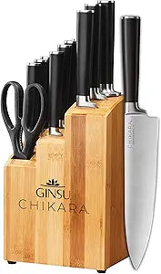GINSU Chikara Series 12-Piece Japanese Kitchen Knife Set - Premium 420J Stainless Steel Cutlery Set with Bamboo Block, Perfect for Any Table or Dining Room, Includes Steak Knives  Black