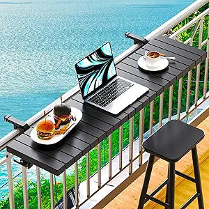 Balcony Bar Table for Railings, Hyperzoo Outdoor Patio Bar, Heavy-Duty Galvanized Iron 49"9.6" Balcony Side Table, Holds 110 lbs, AdjustableEasy AssemblyFits 4.4" or Less Top RailBlack