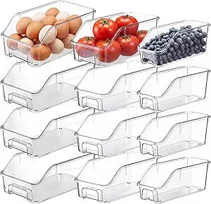 LemonRoad 12 Packs Pantry Organizers and Storage Freezer Clear Organizer Bins with Handle Acrylic Organization Bins Stackable Open Front Storage Vegetable Egg Salad Containers for Kitchen Cabinet