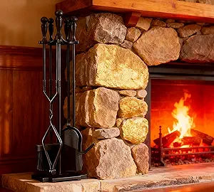 Kingson 5 Pcs Fireplace Tools Sets Heavy Duty Wrought Iron Large Fire Tool Set and Holder Outdoor Fireplace Tools Black