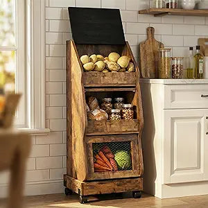 ARTETHYS Potato Storage Bin Movable Bread Box with Lid Rustic and Wheels Onion Organizer with Grocery Section Decorative Vegetable Organization Cabinet for Kitchen