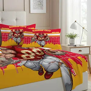 Allenjoy Kansas City American Football Red Pride Sheets Set with Fitted Sheet, Flat Sheet and 1 Pillowcase for Men Teens Boys Fans Son Bedding Bedroom Decor, Twin Size