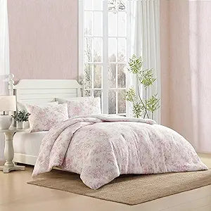 Laura Ashley - Comforter Set, Soft Poly Waffle Textured Bedding with Matching Shams, Delicate Floral Design (Delphine Pastel Pink, Full/Queen)