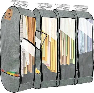 4PCS Garment Bags for Hanging Clothes,Chakera Large Breathable Garment Bag for Closet Storage with 10Gusseted,Clear Clothing Storage Garment Cover for Dress Sweater with Double Zipper,Grey
