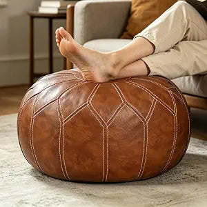 Thgonwid Round Unstuffed Pouf Cover, Faux Leather Storage Ottoman, Boho Moroccan Foot Stool, Multi-Purpose Home Decor for Living Room, Bedroom and Balcony, Brown, No Filling Included