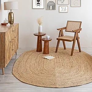 HOMEMONDE Reversible Oval Jute Area Rug - 5 x 8 ft Hand Woven Natural Fiber - Farmhouse Braided Rugs for Dining Room/Hallway/Office/Kitchen/Bedroom (Natural)
