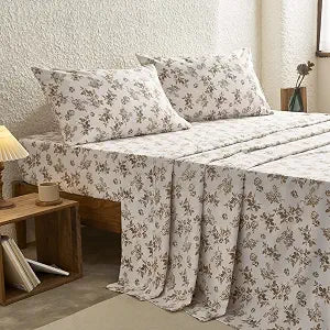 Wake In Cloud - Floral Bed Sheets, 4-Piece Sheet Set, Shabby Chic Botanical Coquette Cottagecore Vintage Flower Pattern Printed Bedding, Deep Pocket, Brown Taupe, Queen Size