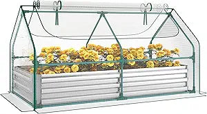 Miory Raised Garden Bed with PE Cover, 6x3x1 FT Galvanized Planter Box Outdoor with Greenhouse Cover, 2 Large Zippered Screen Windows for Vegetables, Flowers, Includes Labels & Gloves