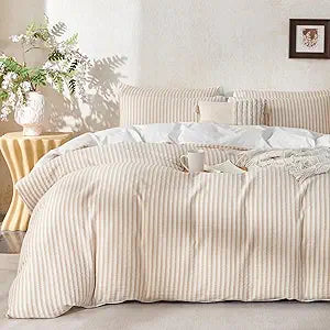 Queen Size Comforter Set Beige Striped 100% Soft Washed Cotton Jacquard 3 Pieces Striped Bedding Sets Beige White Comforter for All Seasons and 2 Pillowcases Comfort Breathable
