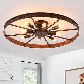 Farmhouse Ceiling Light Red Rust Metal Dining Room Flush Mount Light Fixtures, 26.8" Rustic Living Room Lighting Fixtures Ceiling, E12 Ceilings Lamp for Kitchen (8-Light)