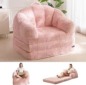 MAXYOYO Folding Sofa Bed, 2 in 1 Convertible Sofa to Lounger Comfy Single Bean Bag Chair for Adults, Floor Couch with Handle, Faux Fur Couch Bed for Living Room Bedroom, Pink