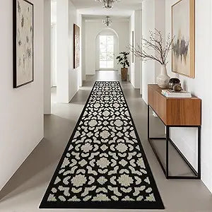2'7" x 8' Washable Runner Rug for Hallway, Non Slip Low-Pile Kitchen Rug, Durable Soft Floor Carpet Runners for Entryway, Bedroom, Bathroom, Laundry Room, Black Flower