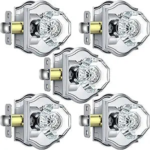 Glass Door Knobs Interior, 5 Pack Crystal Bedroom Door Knobs with Lock for Privacy Use, Polished Chrome Glass Bathroom DoorKnobs, Modern Octagon Crystal Door Knob Set