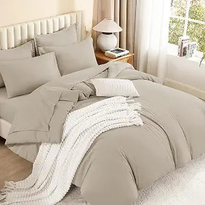 Litanika Super King Plus Comforter Sets Oatmeal - 7 Pieces Bed in a Bag Oversized King Bedding Comforter Sets, Solid Lightweight Bed Set with Comforter, Sheets, Pillowcases & Shams