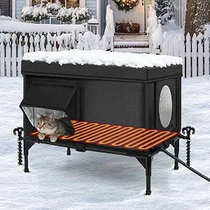 Heated Outdoor Cat House Weatherproof with Heating Pad, Heated Cats House for Outside, Insulated Feral Cat Houses for Outdoor Cats with Safe Escape Door, Elevated Outside Stray Cats Shelter(M)