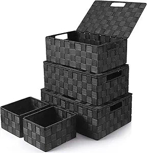 Storage Bins Baskets for Organizing with Lids, Storage Baskets for Shelves Stackable Woven Basket, Gift Small Basket Storage Cubes, Decorative Wicker Basket with Built-in Handles (5 Pack, Black)