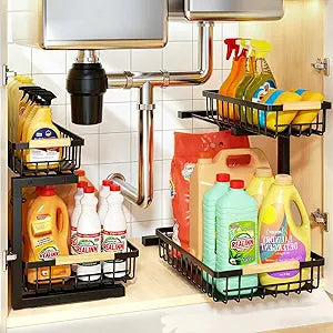 REALINN Under Sink Organizer, 2 Pack Height Adjustable Under Sink Organizers and Storage, 2 Tier Pull Out Drawer Cabinet Storage for Kitchen Bathroom