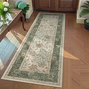 GarveeHome 2x6 Washable Runner Rug for Bedroom, Soft Botanical Floral Kitchen Runner with Non Slip Backing Sage Green Farmhouse Laundry Mat Stain Resistant Carpet for Hallway Bathroom Beside Rug
