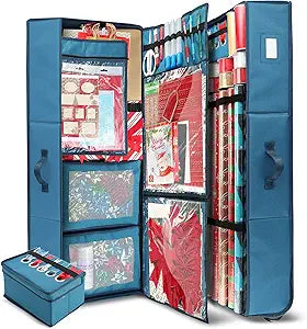 Hearth & Harbor Wrapping Paper Storage Container with Ribbon Dispenser and Interior Pockets - Large Christmas Storage Containers with Wheels, Fits 30 Rolls of 40" Length, Blue