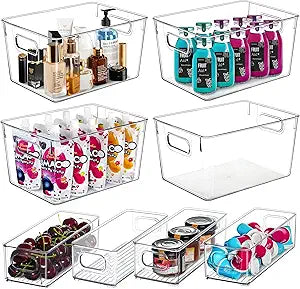 Qilinba Clear Storage Bins 8 Pack for Pantry Organizers, 4 Large Plastic Pantry Organizer Bins and 4 Small Stackable Storage Containers for Kitchen Cabinet, Home Edit, Freezer Fridge Organizer