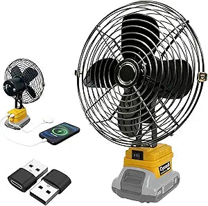 Portable Jobsite Fan, Cordless Works Fan Compatible with Dewalt 20V Battery (Tool Only), 21W 3000RPM Max, 2-Speed Air Circulator with USB & Type-C Charging Port
