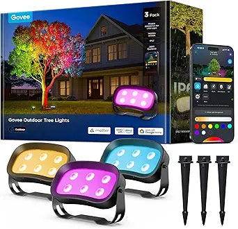 Govee Outdoor Tree Lights 3-Pack, RGBWIC LED Landscape Lighting, Outdoor Lights for Yard Garden Patio, 66 Scene Modes for Holiday Party and Event, App Control, Google Assistant, Matter
