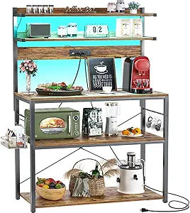 Aheaplus Bakers Rack with Power Outlet, Microwave Stand, 5 Tiers Coffee Bar Station with Led Lights, Kitchen Storage Shelf with 6 S-shaped Hooks, Kitchen Rack Coffee Bar Stand, Rustic Brown