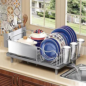 Stainless Steel Dish Drying Rack - Large Capacity Dish Rack for Kitchen Counter with Drain Board, Rustproof Dish Drainer with Auto Drain Spout Utensil Holder Glass Holder, Dinnerware Organizer, Gray