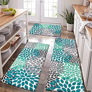 Likiyol Kitchen Mats for Floor [3 PCS] Anti-Fatigue Comfort Kitchen Rugs, Boho Flower Cushioned Waterproof Decor Mat Thick, Standing Floor Mats for Home/Office, 18''x30''+18''x48''+18''x60''(Teal)