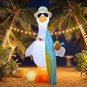 Hungdao 6 ft Summer Inflatable Outdoor Decorations Giant Inflatable Goose with Built-in LED Light Surfboard Beach Ball Blow up Goose Party Favors for Indoor Outdoor Lawn Yard Garden Decor