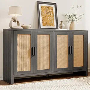 Mericonia Rattan Buffet Cabinet with Storage, Sideboard with Doors, Console Table, Farmhouse Coffee Bar, Modern Wood Long Cabinets (Brown Black)