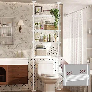 Goovilla Over The Toilet Storage Shelf, 4 Tier Bathroom Organizer Shelves with 64-124inch(H) 15-27inch(W) Adjustable No Drilling Tension Mounting, White Space Saver Bathroom Shelf Rack Above Toilet