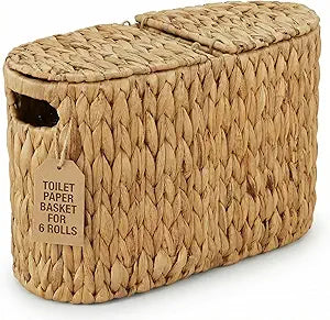 DEILSY Natural Water Hyacinth Toilet Paper Basket for 6 Rolls, Slim Toilet Paper Storage Basket with Built-in Handles for Bathroom or Powder Room (6 Rolls)