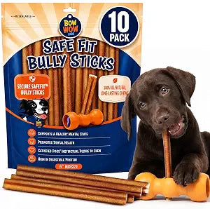 Bow Wow Labs SafeFit Bully Sticks for Dogs - 100% All Natural Beef Sticks, Grass-Fed, Low Odor, Long Lasting Dog Chews, Dog Chew Treats, Bully Stick for Small, Medium, Large Dogs - 6" Midsize 10 Pack