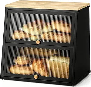 Urackify Bread Box for Kitchen Countertop  2-Tier Bread Storage Container, Metal Breadbox with Acrylic Wavy Door, Wood Top, Magnetic Seal, Anti-Slip Base, 14.96x9.84x13.78 inch, Black
