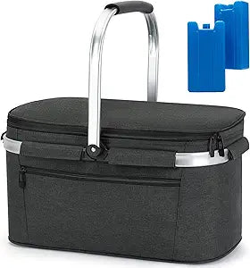 ALLCAMP Picnic Basket - 2 Ice Box Included 32L Insulated Cooler, Thickening Foldable Picnic Basket with Removable Baskets & Sewn-in Frame, Basket for House Warming Gifts New Home(Black)