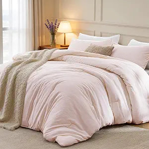 Love's cabin Full Size Comforter Set Pink, 3-Piece 90% Polyester 10% Linen Blend Bedding Set, Linen-Look Textured Stripe, Down Alternative All-Season Comforter with Pillow Shams