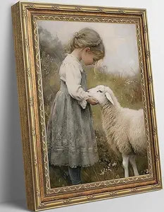 Gold Framed Vintage Aesthetic Girl With Sheep Wall Art Rustic Farmhouse Print Poster Artwork Sheep Cottagecore Wall Decor for Living Room Bedroom Bathroom Decoration 16x24in