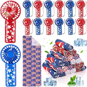 Tuanse 24 Pcs 4th of July Handheld Fans Cooling Towel Party Favors Set 250th Anniversary Patriotic Party Fan 32 x 12 Inch USA Flag Cooling Towels for Independence Day Summer Memorial Day Parade Gifts