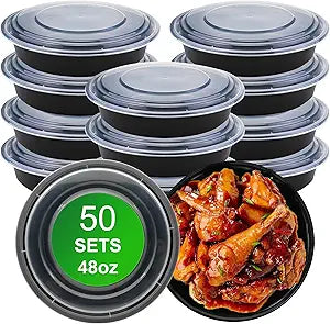 Round Meal Prep Containers with Lids, 50 Pack 48oz (100-Piece) Disposable Leakproof Take Out Food Storage Containers, Plastic To Go Lunch Boxes, BPA Free, Microwave/Dishwasher/Freezer Safe