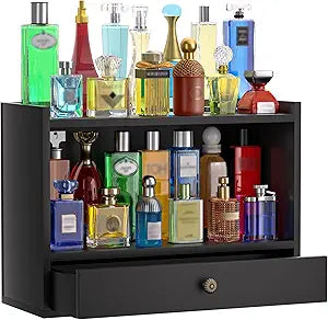 2 Tier Cologne Organizer for Men, Wooden Perfume Organizer Cologne Stand with Drawer Storage Large Capacity, Gift for Men (Black)