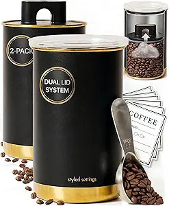 STYLED SETTINGS Coffee Bar Canisters Set of 2  Vacuum Coffee Canisters with Airtight Lids & Scoop, Black & Gold Stainless Steel Food Storage Containers for Beans or Grounds  Coffee Lover Gifts