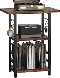 YAKANJ Record Player Stand with Extended Desktop,Large Record Player Table with Vinyl Storage,Tall Turntable Stand with Record Holder Vinyls Display Shelf for Music Room Studio, Rustic Brown