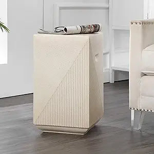 JONATHAN Y Adrian Polyresin Outdoor Side Table and Garden Stool, 21" Weather Resistant Geometric Fluted Accent Table for Patio, Porch, Deck, Cream Terrazzo TBL1104A